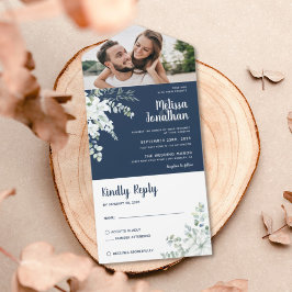 Romantische witte zachte bloem blauwe fotobruiloft all in one uitnodiging
