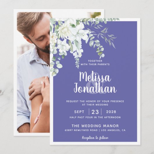 Romantische witte zachte bloem paarse fotobruiloft kaart (Voorkant / Achterkant)