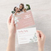 Romantische witte zachte bloem roze fotobruiloft all in one uitnodiging (Afscheurbaar)