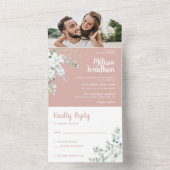 Romantische witte zachte bloem roze fotobruiloft all in one uitnodiging (Binnen)