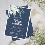 Romantische witte zachte bloemen blauwe bruiloft kaart<br><div class="desc">Creëer de perfecte huwelijkssuite met een romantische en mooie trouwuitnodiging met een delicate waterverf-bouquet met witte zachte bloemen, boven groen, en andere botanische bladeren op de linkerbovenhoek, boven een klante gewone Pruisische blauwe achtergrond. Bewerk eenvoudig de velden sjabloon om de namen voor briden en groeven toe te voegen in een...</div>
