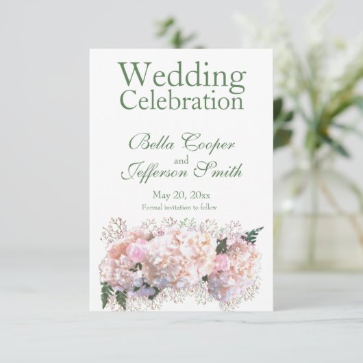 Romantische witte zwarte hydrangeas roze toses save the date (Staand voorkant)