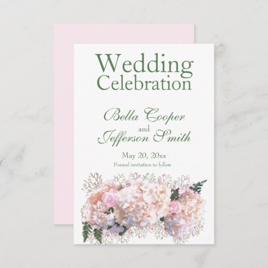 Romantische witte zwarte hydrangeas roze toses save the date (Voorkant / Achterkant)