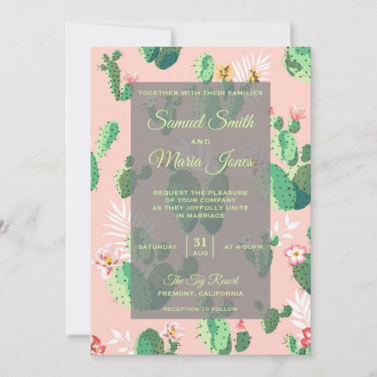 Romantische Woestijn Bloemen Cactus Bruiloft Uitno Kaart (Voorkant)