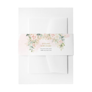 Romantische zacht roze rozen eucalyptus gouden bru uitnodigingen wikkel