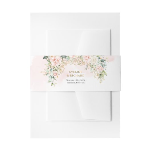 Romantische zacht roze rozen eucalyptus gouden bru uitnodigingen wikkel (Voorkant Voorbeeld)