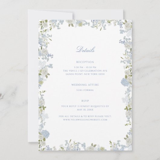 Romantische zachte blauwe bloemenkam alles in één  kaart (Achterkant)