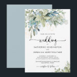 Romantische zachte blauwe bloemige trouwkaart kaart<br><div class="desc">Elegante Eucalyptus zachte blauwe botanische bloemige trouwkaart met onze mooie botanische eucalyptus en stoffig blauwe groen en moderne typografie met een achtergrond van romantisch lichtblauw. Makkelijk aan te passen met uw informatie voor een eenvoudig elegante moderne trouwkaart. Neem contact met ons op via cedarandstring@gmail.com als u hulp nodig heeft bij...</div>