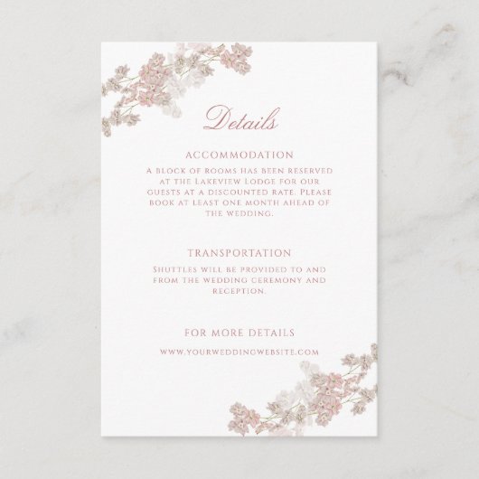 Romantische Zachte Blush  Bloemen Bruiloft Details Informatiekaartje (Voorkant)