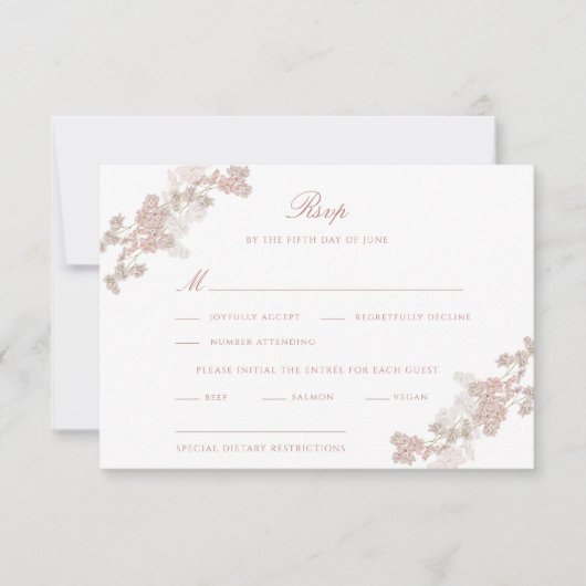 Romantische Zachte Blush Bloemen Bruiloft RSVP Kaartje (Voorkant)