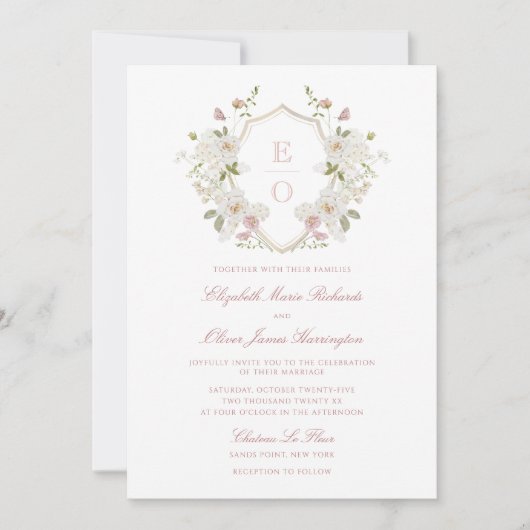 Romantische Zachte Blush Witte Monogram Crest Brui Kaart (Voorkant)