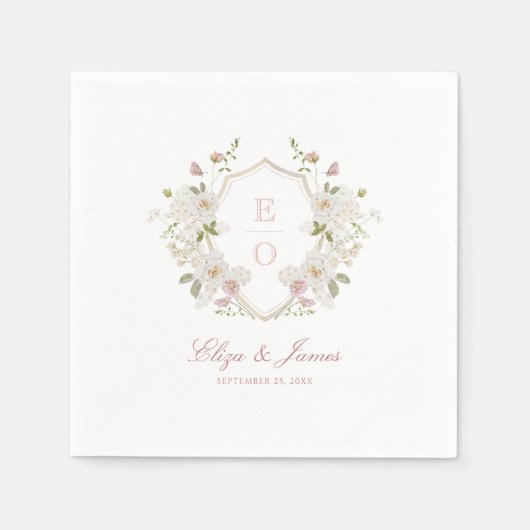 Romantische Zachte Blush Witte Monogram Crest Brui Servet (Voorkant)