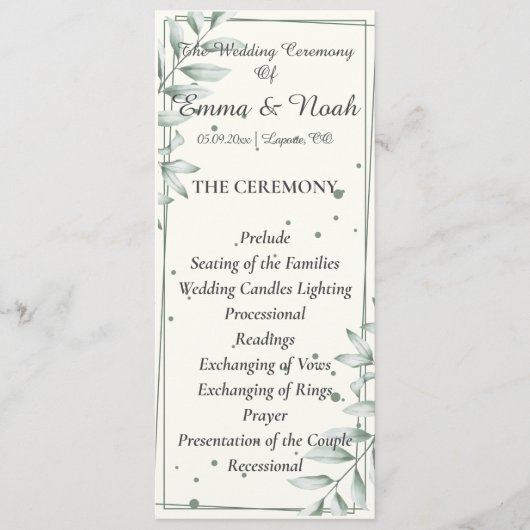 Romantische zachte groene bladeren bruiloft plat p programmakaart (Voorkant)