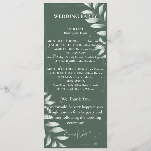 Romantische zachte groene bladeren bruiloft plat p programmakaart (Achterkant)