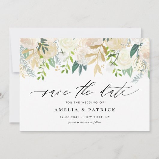 Romantische zachte ivoren bloemen arrangement brui save the date (Voorkant)