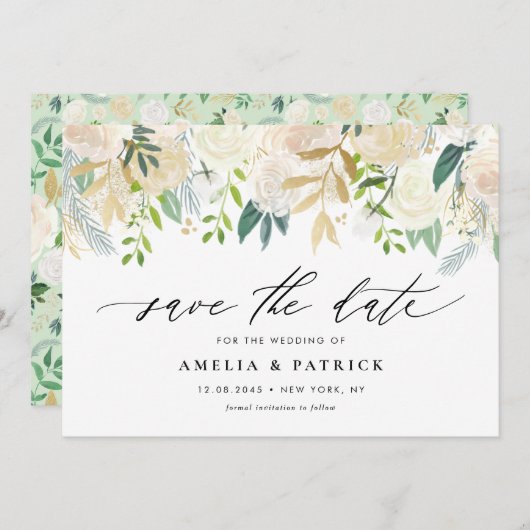 Romantische zachte ivoren bloemen arrangement brui save the date (Voorkant / Achterkant)