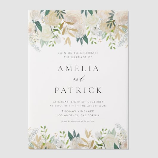 Romantische zachte ivoren bloemen Garland bruiloft Vellum Uitnodigingen (Voorkant)