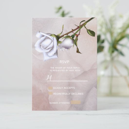 Romantische zachte witte rozen Elegante Bloemen RS RSVP Kaartje (Staand voorkant)