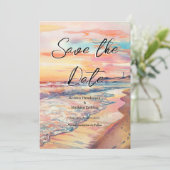 Romantische zandstrand bruiloft save the date (Staand voorkant)