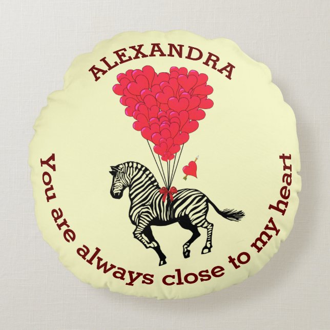 Romantische zebra en rood hart gepersonaliseerd rond kussen (Voorkant)