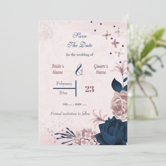 Romantische zeemacht en roze bloemen save the date (Staand voorkant)