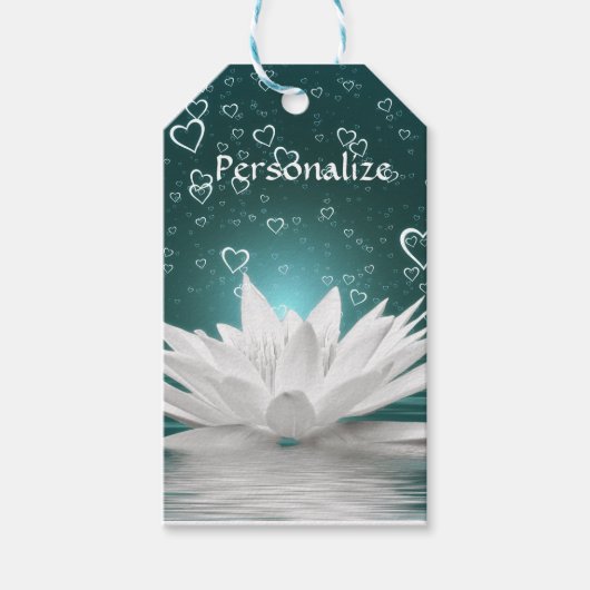 Romantische Zen Witte Lotus & Harten Personalisere Cadeaulabel (Voorkant)