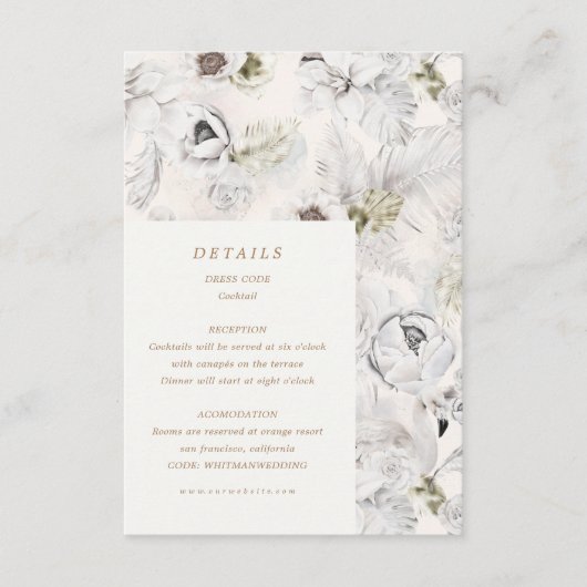 romantische zilveren bloemdetails trouwkaart bijla informatiekaartje (Voorkant)