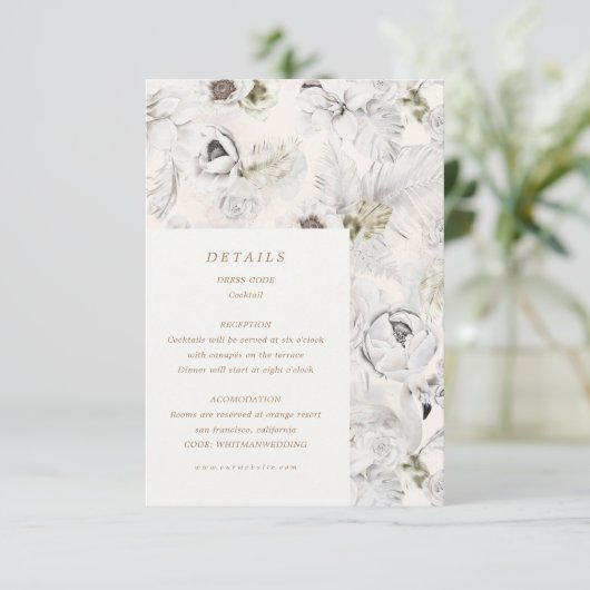 romantische zilveren bloemdetails trouwkaart bijla informatiekaartje (Staand voorkant)