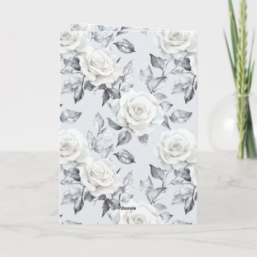 Romantische zilveren witte rozen bloemenbruiloft kaart (Achterkant)