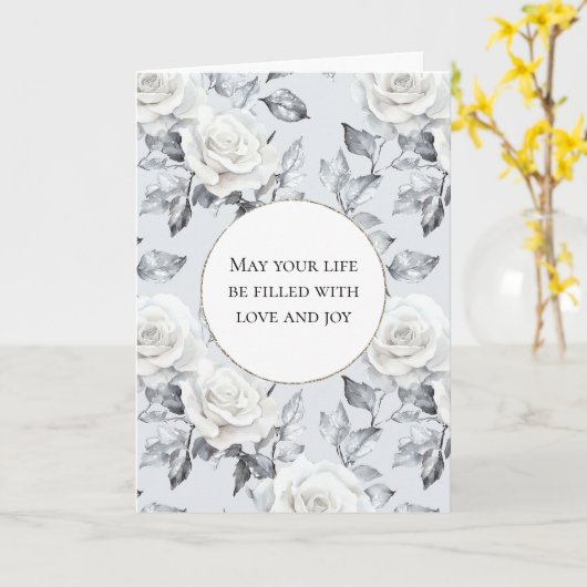 Romantische zilveren witte rozen bloemenbruiloft kaart (Gele Bloem)