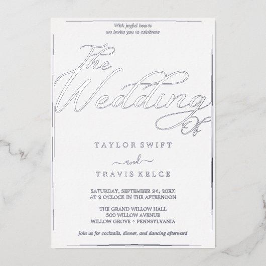 Romantische zilverfolie kalligrafie Lijst bruiloft Folie Uitnodiging (Voorkant)