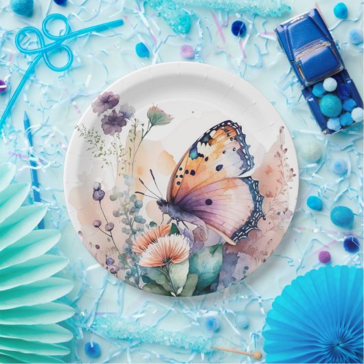 Romantische zomerbloemen en vlinder papieren bordje (Feest)