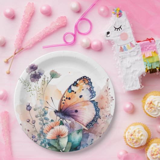 Romantische zomerbloemen en vlinder papieren bordje (Feest)