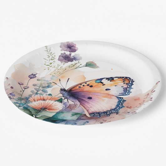 Romantische zomerbloemen en vlinder papieren bordje (Gekanteld)
