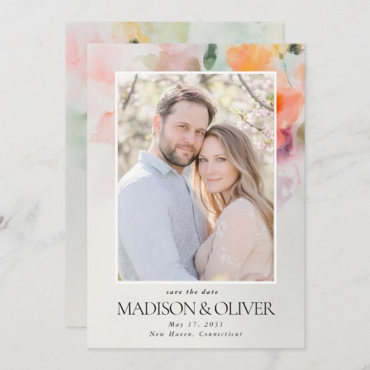 Romantische Zomerbloemen QR Code Fotobruiloft Save The Date (Voorkant / Achterkant)