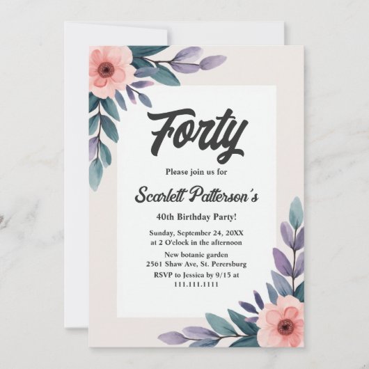 Romantische Zomerse Waterverf Bloemen 40e Verjaard Kaart (Voorkant)