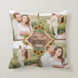 Romantische Zonnebloem Goud Wit Paar Fotocollage Kussen<br><div class="desc">Deze schattige en romantische bruiloft aandenken is perfect voor het pasgetrouwde stel. Het beschikt over acht op maat gemaakte afbeeldingen koppel fotocollage met rustiek bruin hout en een faux bedrukte gouden tekstvak omringd met handgeschilderde goudgele en bosgroene waterverf zonnebloemen en bladeren. Het is landelijk, modern, elegant en trendy; het perfecte...</div>