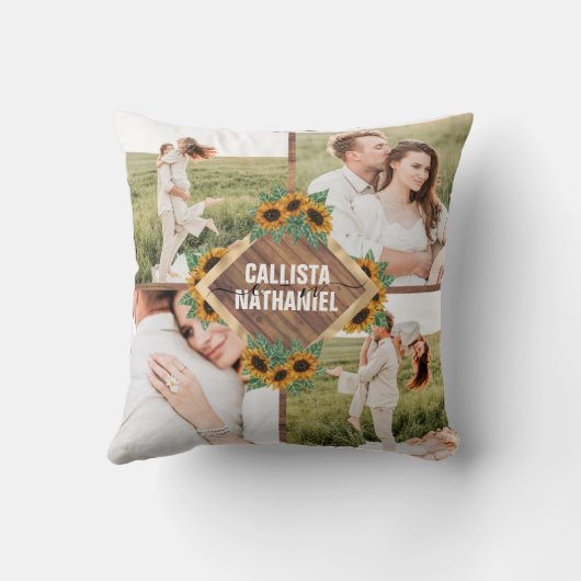 Romantische zonnebloem goud witte koppel fotocolla kussen (Achterkant)