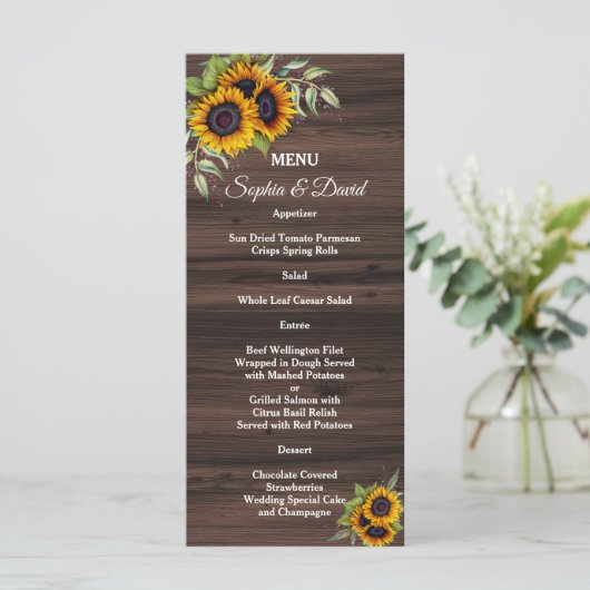 Romantische Zonnebloemen Houten Huwelijksmenu Menu (Staand voorkant)