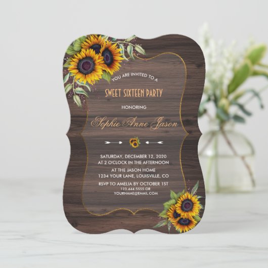 Romantische zonnebloemen houten Sweet Sixteen-fees Kaart (Staand voorkant)