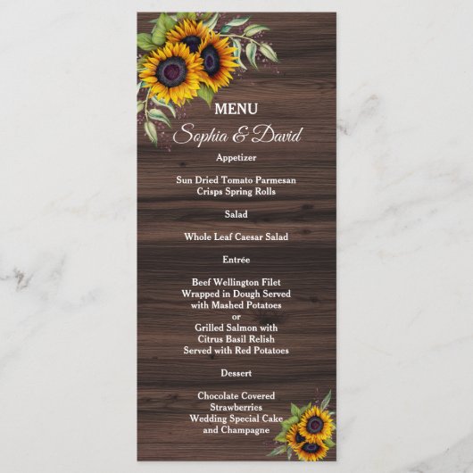 Romantische zonnebloemen houten trouwmenu menu (Voorkant)