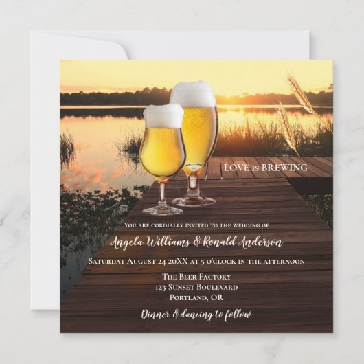 Romantische Zonsondergang Bier Bruiloft Uitnodigin Kaart (Voorkant)