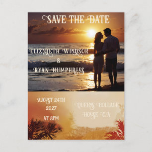 Romantische zonsondergang strand scene met tropisc briefkaart
