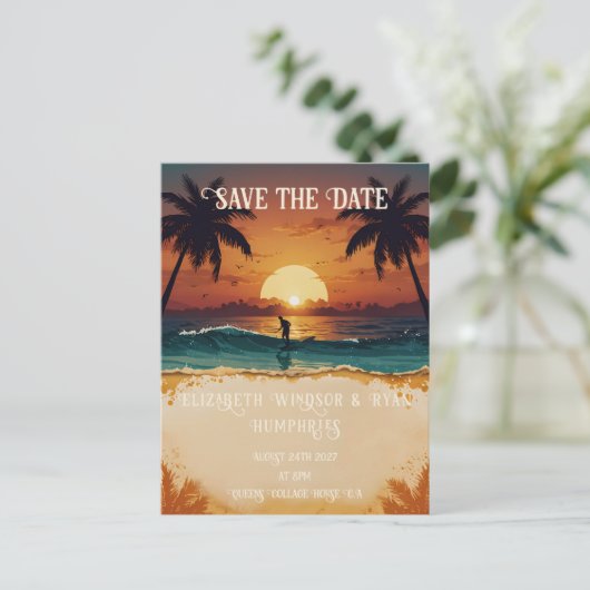 Romantische zonsondergang strand scene met tropisc briefkaart (Staand voorkant)