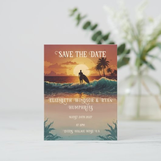 Romantische zonsondergang strand scene met tropisc briefkaart (Staand voorkant)