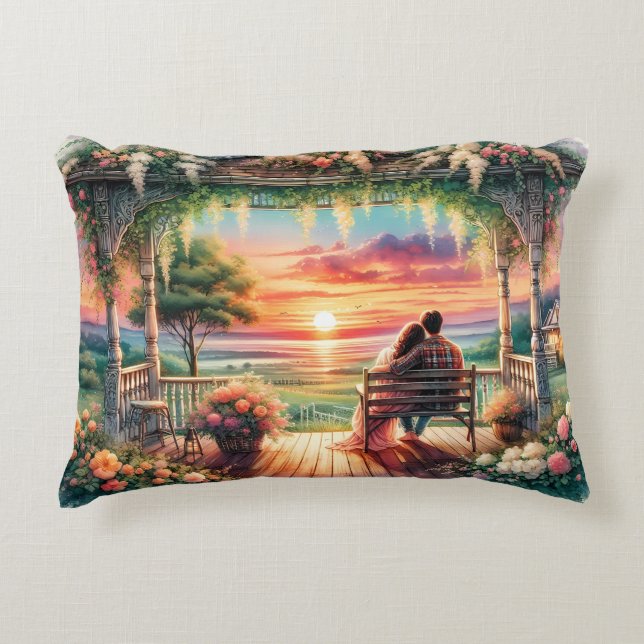 Romantische Zonsondergang Veranda Uitzicht Illustr Accent Kussen (Voorkant)