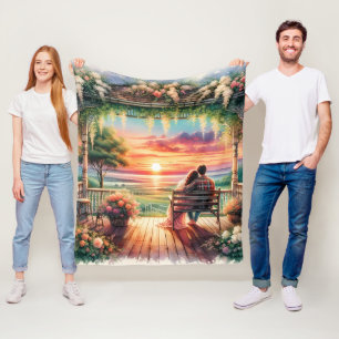 Romantische Zonsondergang Veranda Uitzicht Illustr Fleece Deken