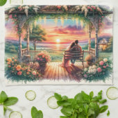 Romantische Zonsondergang Veranda Uitzicht Illustr Theedoek (Gevouwen)