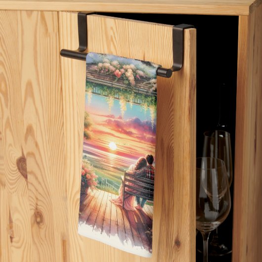 Romantische Zonsondergang Veranda Uitzicht Illustr Theedoek (Derde Gevouwen)