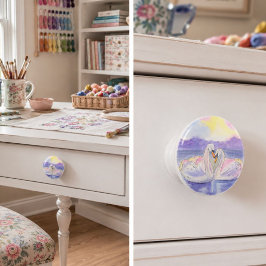Romantische Zonsondergang Zwanen Aquarel Decoratie Keramische Knop